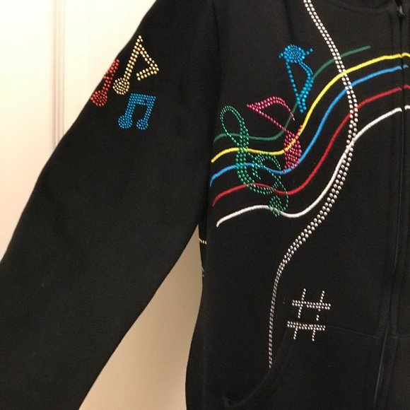 Rare Platinum Plush Black Full Zip Fleece Hoodie With Multicolor Musical Notes - Picture 5 of 10
